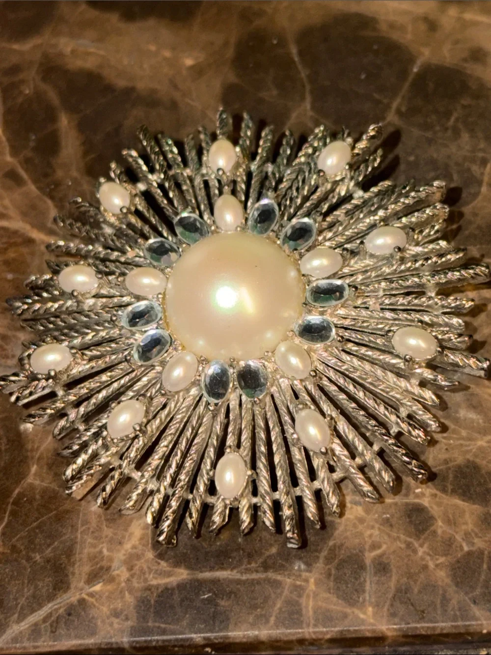 Talbots sunburst silver tone with white pearls and lice blue crystals large